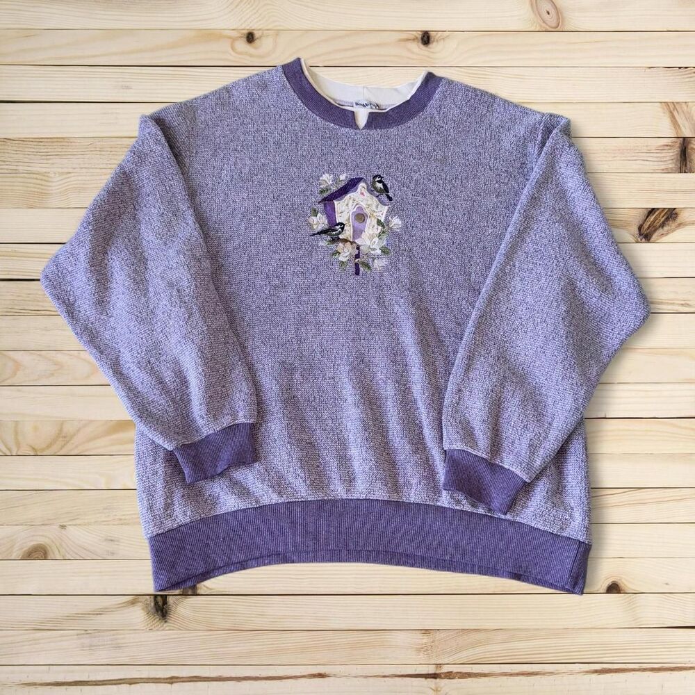 BonWorth Embroidered Birdhouse Sweater Womens Purple Knit